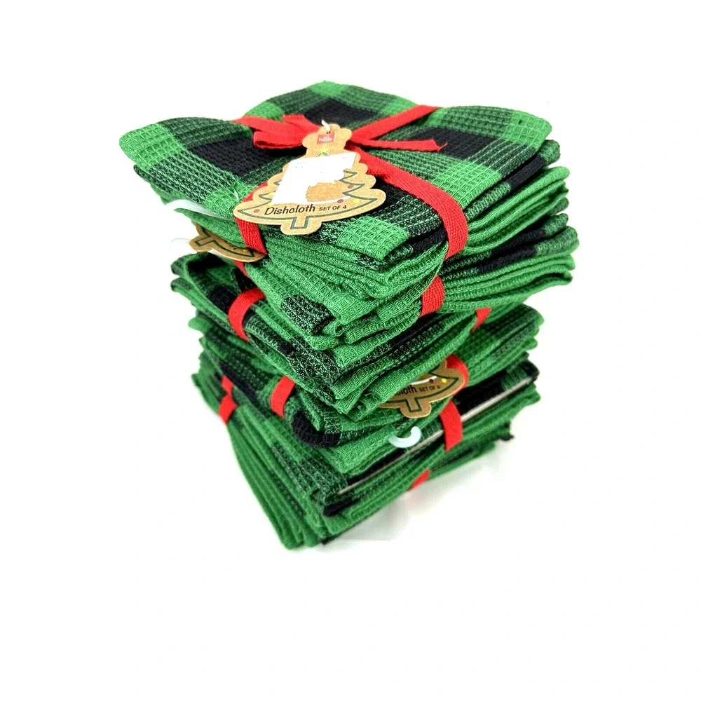 HOMEWEAR Green Black Check Buffalo Plaid Dishcloths Cotton Cabin/Lodge Set of 4